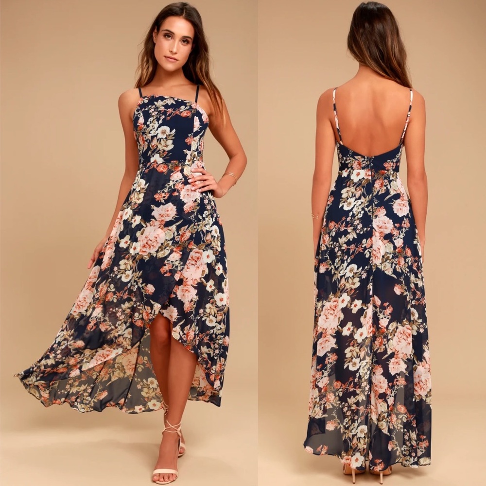 Lulu's Navy Floral High-Low Maxi Dress